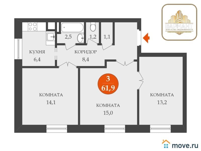 3-комн. квартира, 61.9 м&sup2;