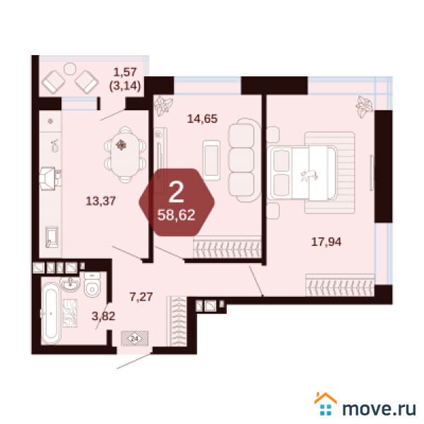 2-комн. квартира, 58.6 м&sup2;