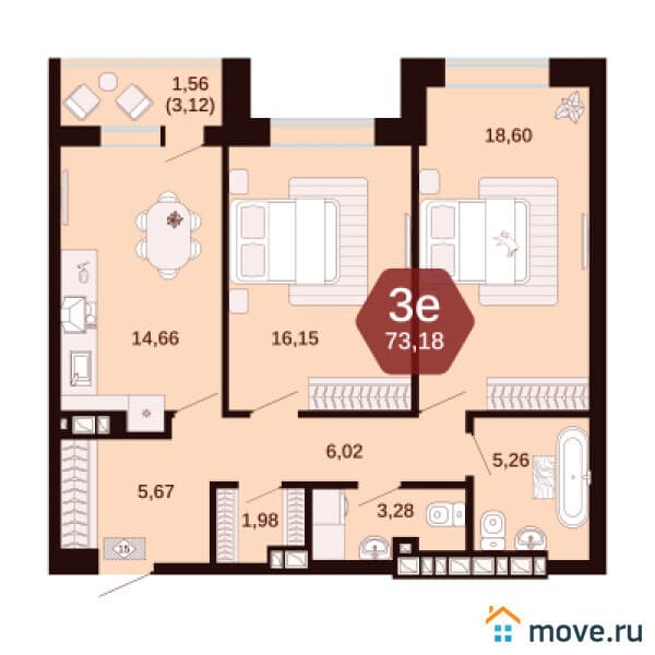 2-комн. квартира, 73 м&sup2;
