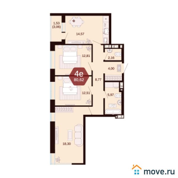 3-комн. квартира, 80.6 м&sup2;