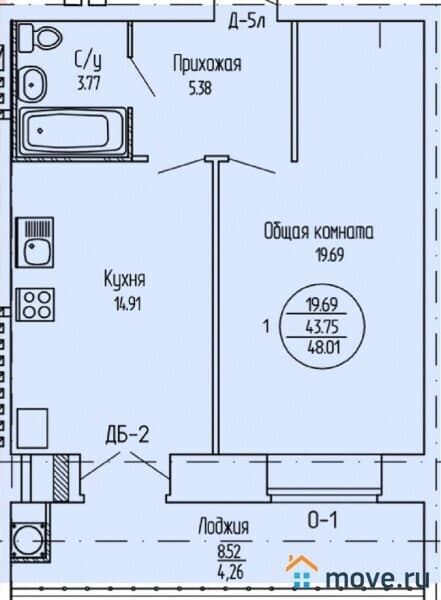 1-комн. квартира, 48 м²