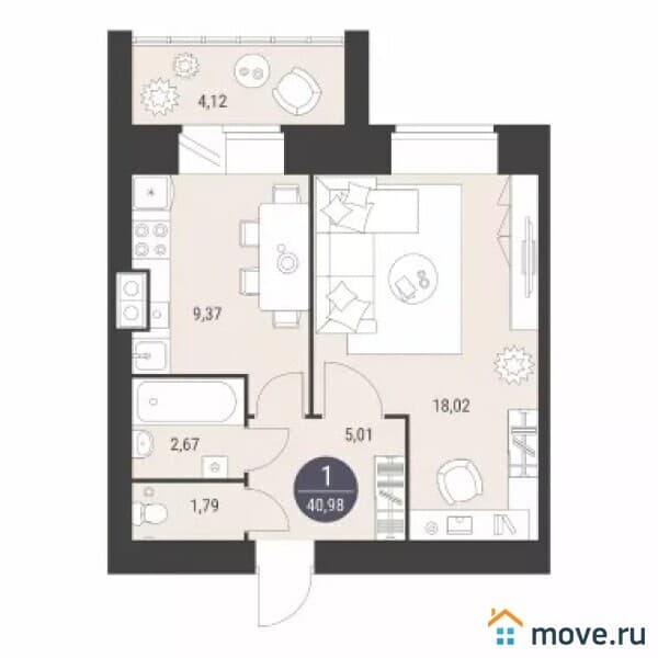 1-комн. квартира, 41 м²