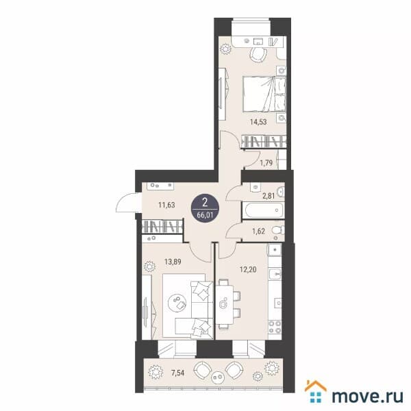 2-комн. квартира, 66 м²