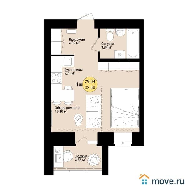 1-комн. квартира, 33 м²