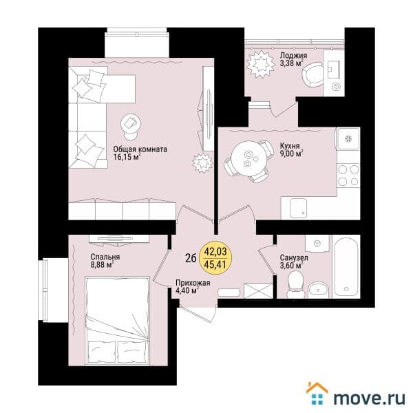 2-комн. квартира, 45 м²