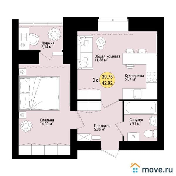 2-комн. квартира, 43 м&sup2;