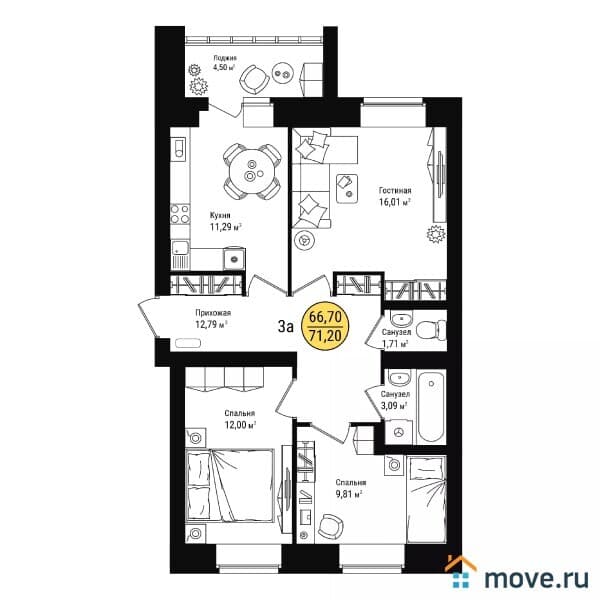 3-комн. квартира, 71 м²