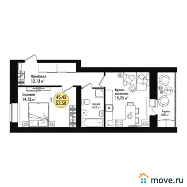 2-комн. квартира, 52 м²