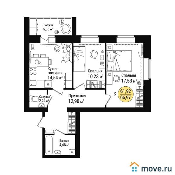 2-комн. квартира, 68 м²