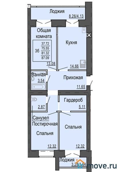 3-комн. квартира, 89 м&sup2;