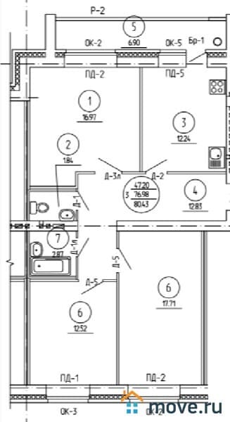 3-комн. квартира, 77 м²