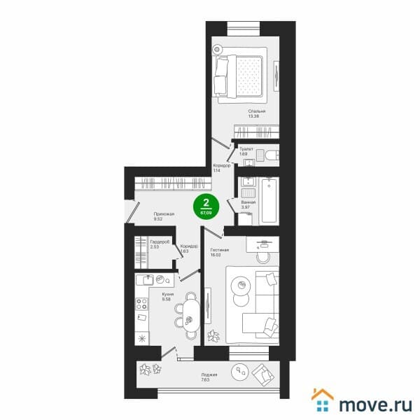 2-комн. квартира, 67 м&sup2;