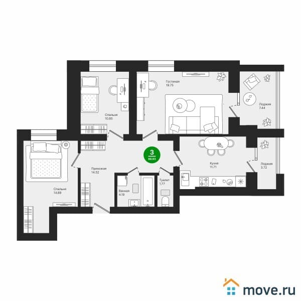 3-комн. квартира, 89 м&sup2;