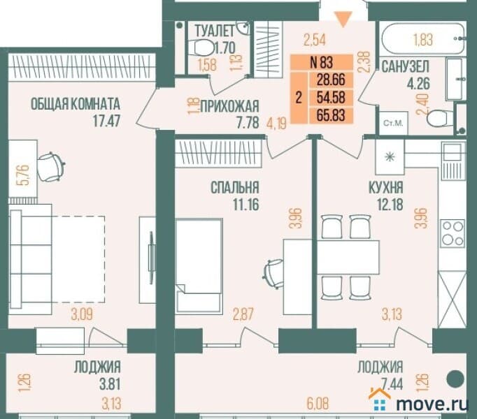 2-комн. квартира, 66 м²