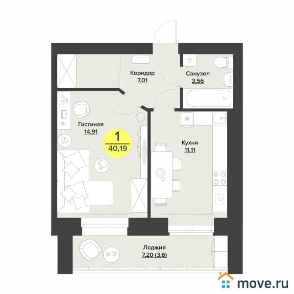 1-комн. квартира, 40 м&sup2;