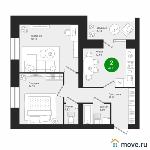 2-комн. квартира, 67 м&sup2;