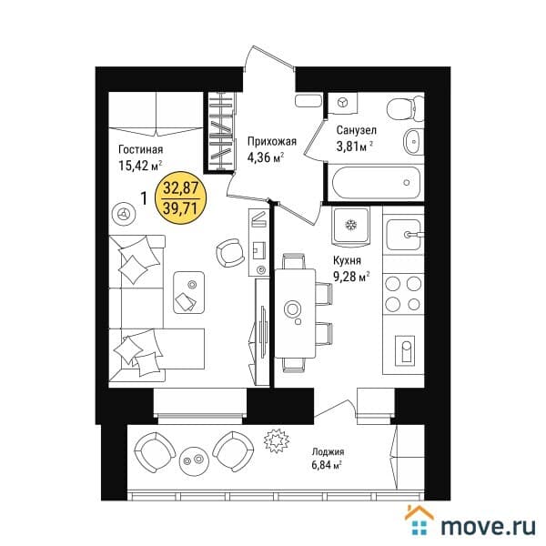 1-комн. квартира, 40 м²