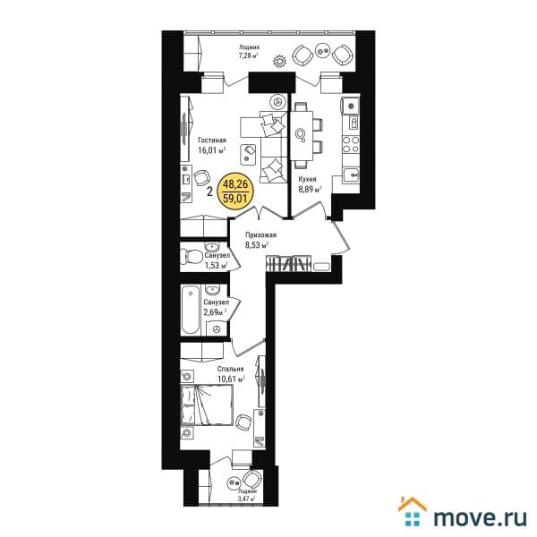 2-комн. квартира, 59 м²