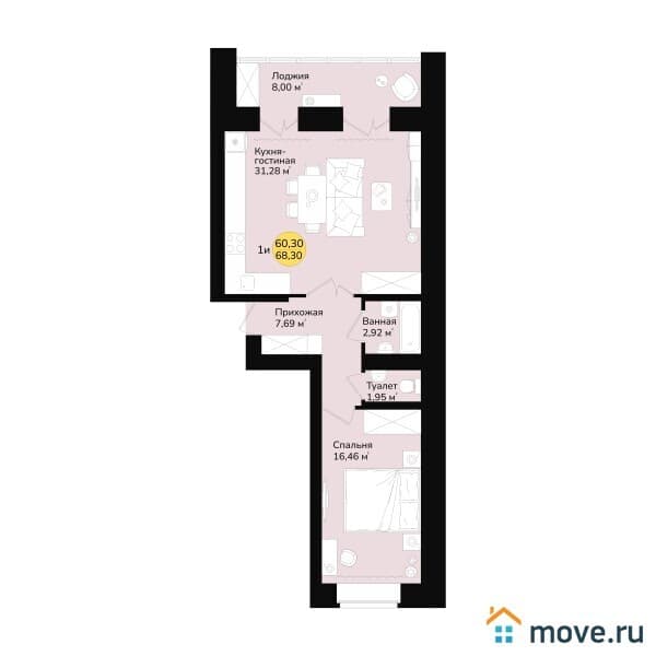 2-комн. квартира, 68 м²