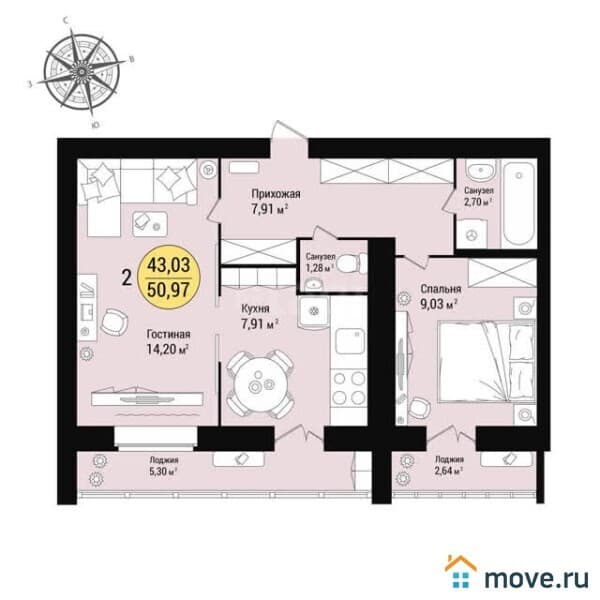 2-комн. квартира, 51 м²