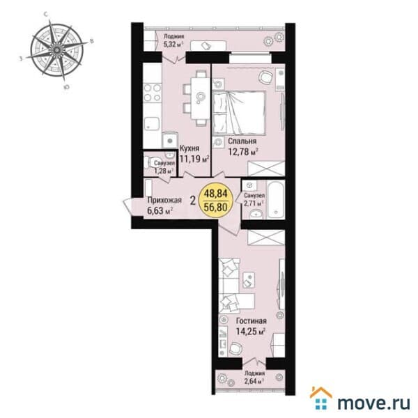 2-комн. квартира, 57 м²