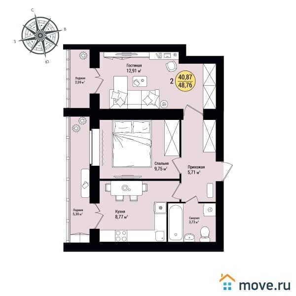 2-комн. квартира, 48 м&sup2;