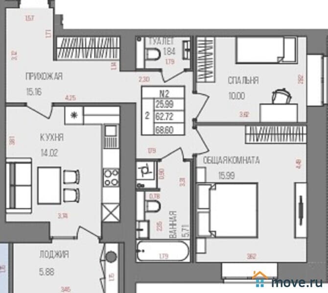 2-комн. квартира, 68 м²