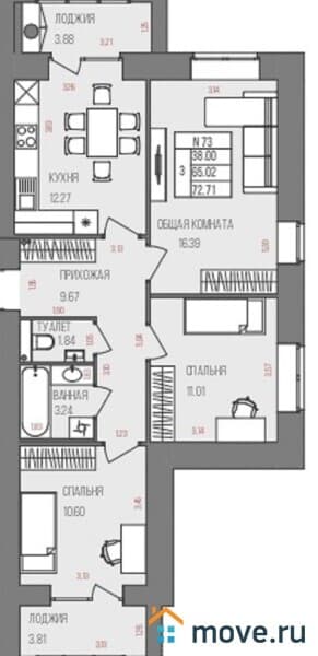 3-комн. квартира, 73 м²