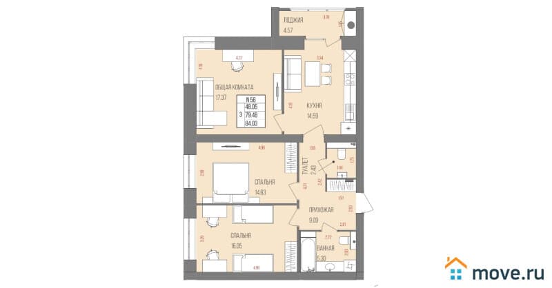 3-комн. квартира, 84 м&sup2;