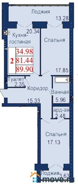 2-комн. квартира, 90 м²