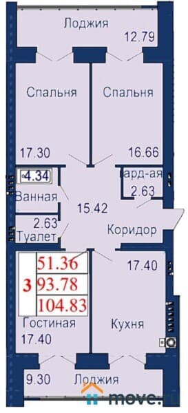 3-комн. квартира, 105 м²