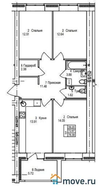 3-комн. квартира, 78 м²