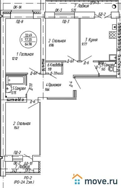 3-комн. квартира, 65 м²