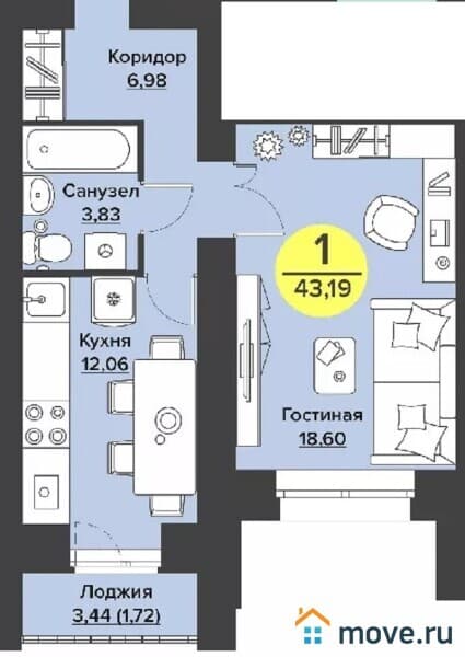 1-комн. квартира, 43 м²