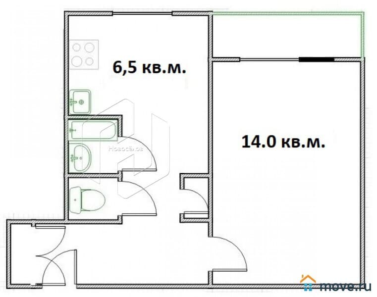 1-комн. квартира, 33.2 м²