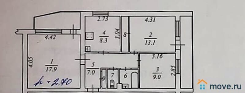 3-комн. квартира, 61 м²