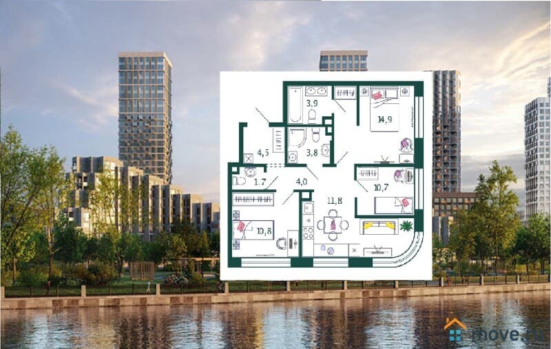 3-комн. квартира, 66.1 м²