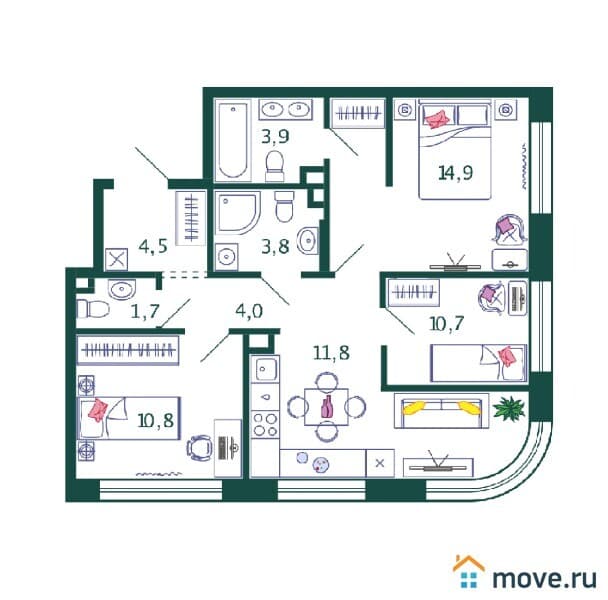 3-комн. квартира, 66.1 м²