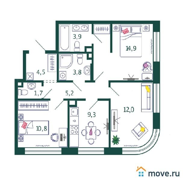 3-комн. квартира, 66.1 м²