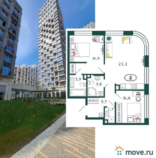 2-комн. квартира, 66.1 м²