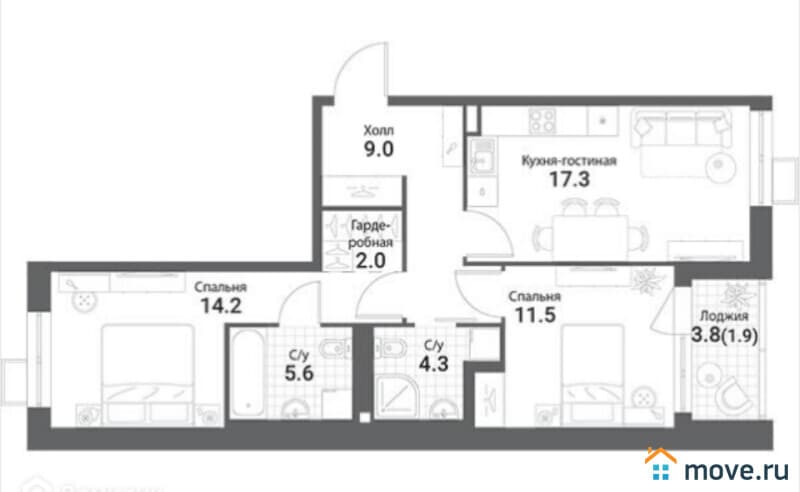 3-комн. квартира, 65 м²