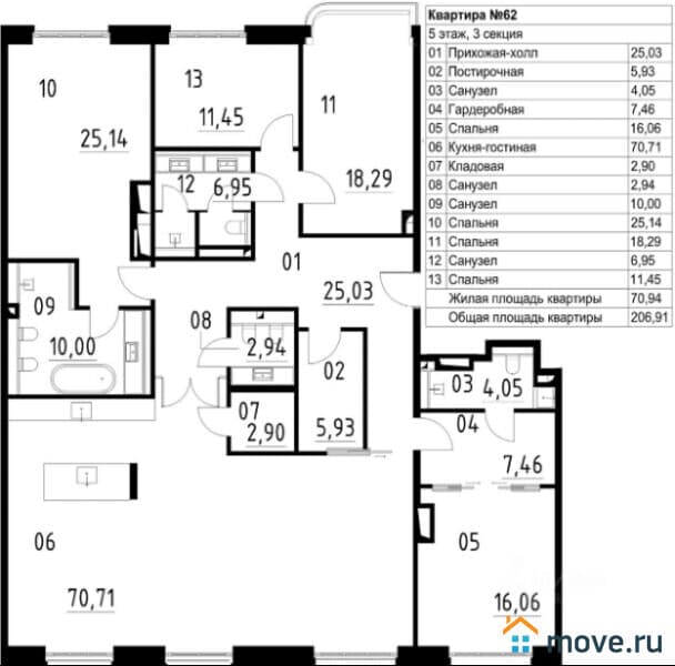 4-комн. квартира, 206 м²