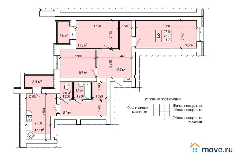 3-комн. квартира, 76 м²