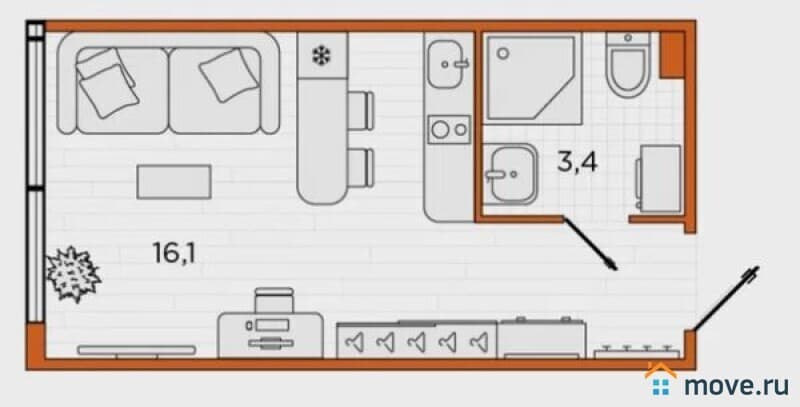 1-комн. апартаменты, 19.5 м²