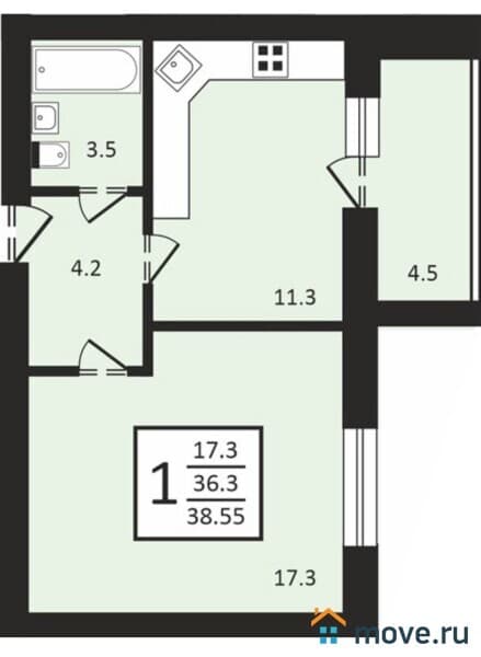 1-комн. квартира, 38.6 м²