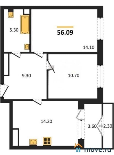 2-комн. квартира, 56.1 м²