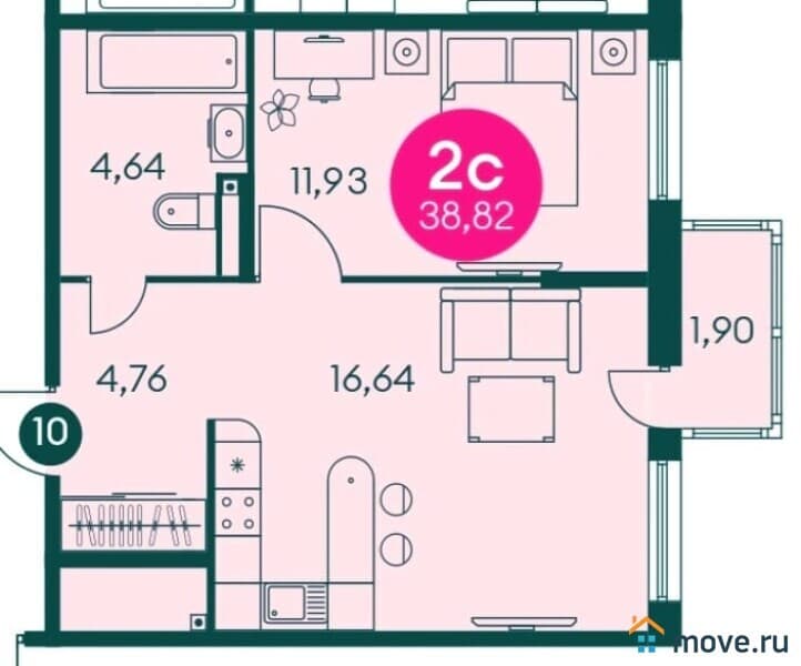 2-комн. квартира, 38.8 м²