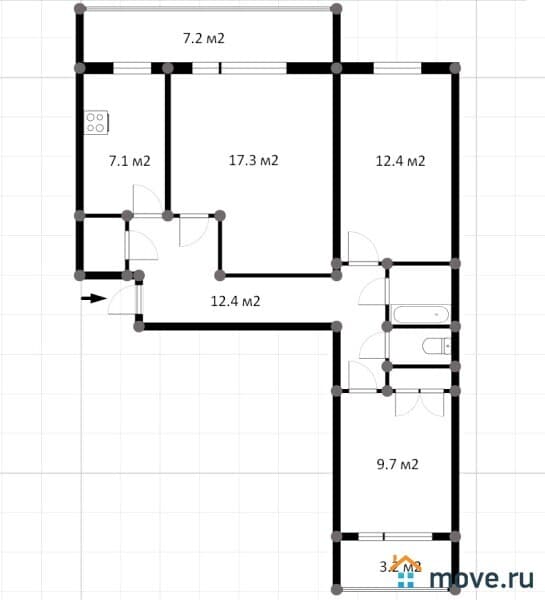 3-комн. квартира, 64.3 м²