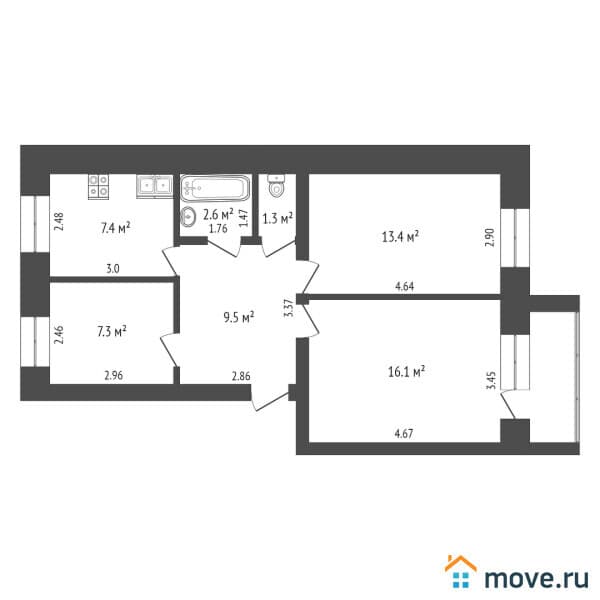 3-комн. квартира, 57.6 м²