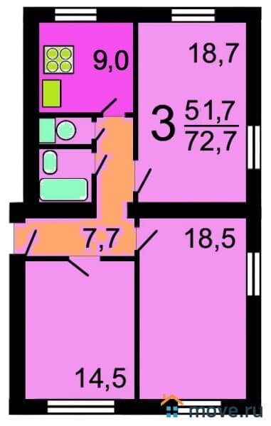 3-комн. квартира, 72.7 м²